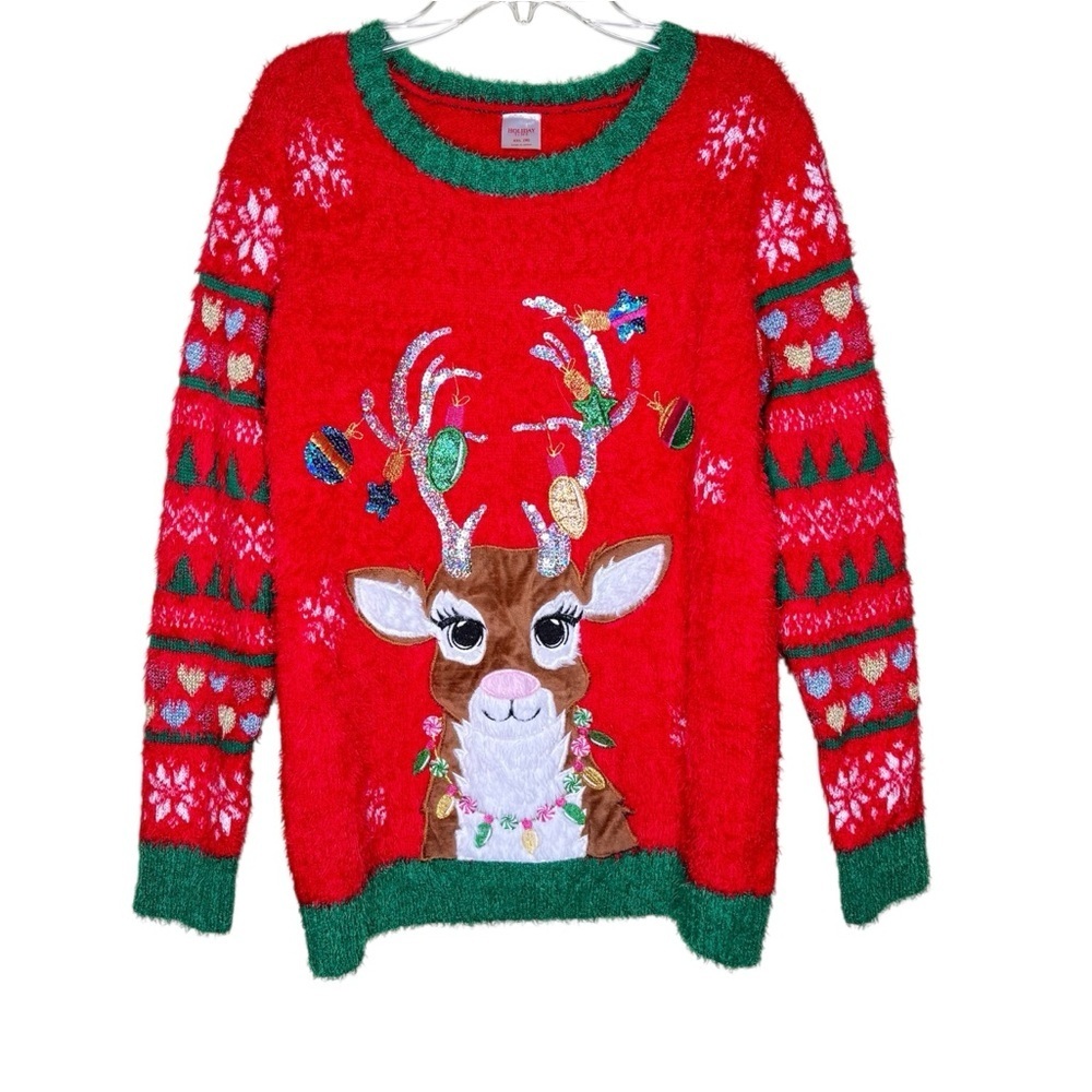 Holiday Time Red and Green Reindeer Ugly Christmas Sweater Girls Size XXL 18